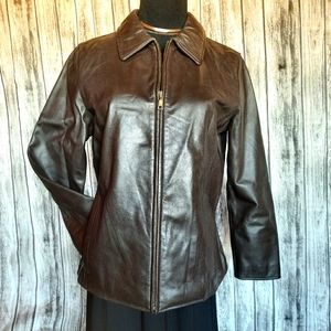 Eddie Bauer 100% Leather Moto Biker Brown Jacket Coat XS Petite